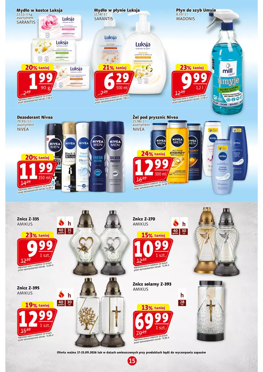 Gazetka promocyjna Prim Market - ważna 17.09 do 23.09.2026 - strona 15 - produkty: Dezodorant, Luksja, Mydło, Mydło w płynie, Nivea, Płyn do szyb, Znicz