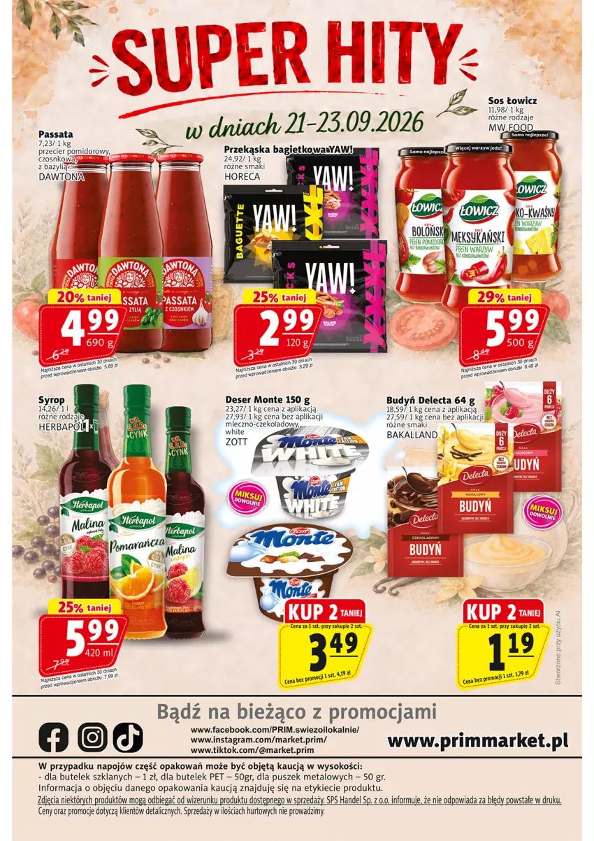 Gazetka promocyjna Prim Market - ważna 17.09 do 23.09.2026 - strona 16 - produkty: Bakalland, Bazyl, Budyń, Dawtona, Delecta, Deser, Fa, Gra, Miecz, Monte, Ser, Sok, Sos, Syrop