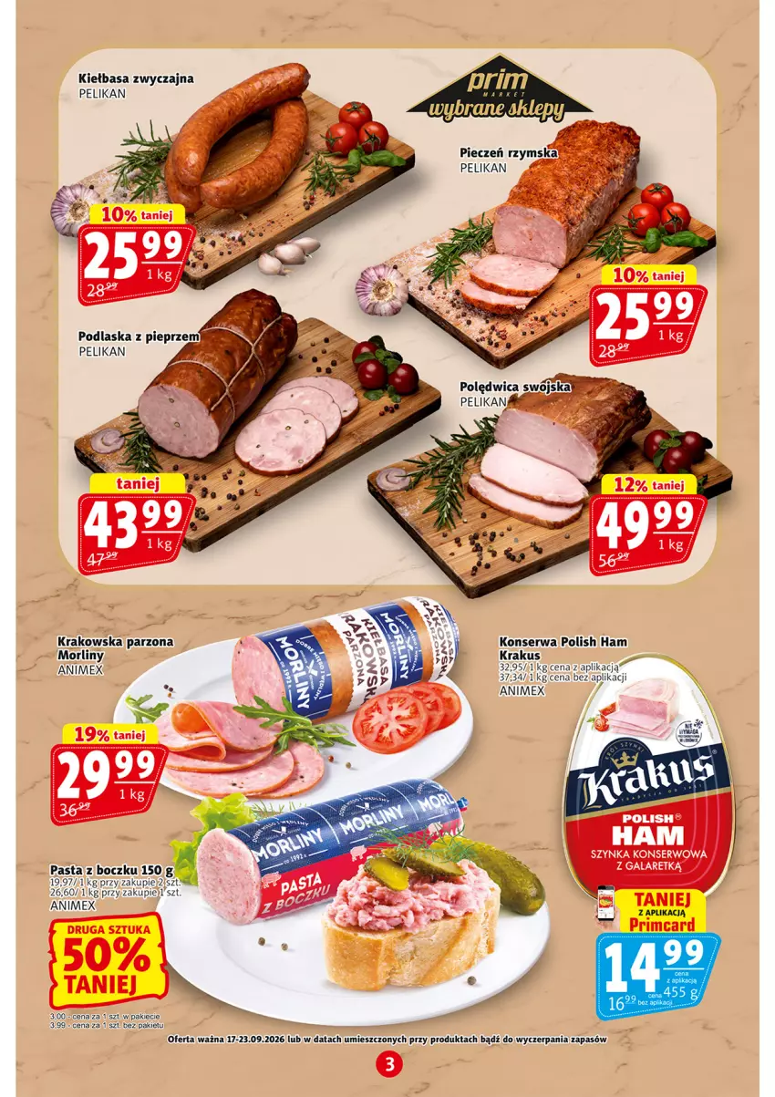 Gazetka promocyjna Prim Market - ważna 17.09 do 23.09.2026 - strona 3 - produkty: Gala, Kiełbasa, Krakus, Morliny, Ser, Szynka, Szynka konserwowa