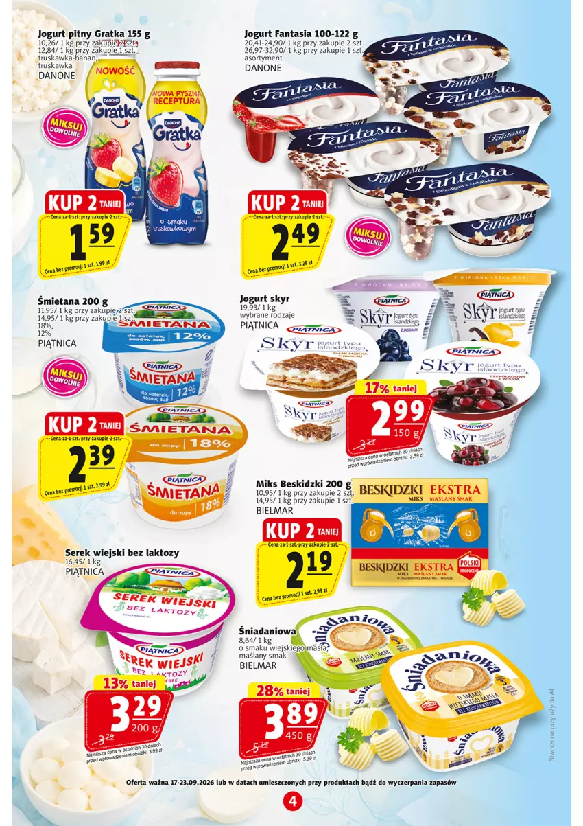 Gazetka promocyjna Prim Market - ważna 17.09 do 23.09.2026 - strona 4 - produkty: Beskidzki, Danio, Danone, Fa, Fanta, Gra, Isla, Jogurt, Jogurt pitny, Piątnica, Por, Ser, Serek, Serek wiejski, Sos, Tera