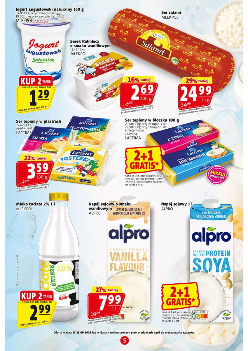 Gazetka promocyjna Prim Market - ważna 17.09 do 23.09.2026 - strona 5 - produkty: Alpro, Calcium, Fa, Jogurt, Mleko, Napój, Rolmlecz, Salami, Ser, Ser salami, Ser topiony, Serek, Top