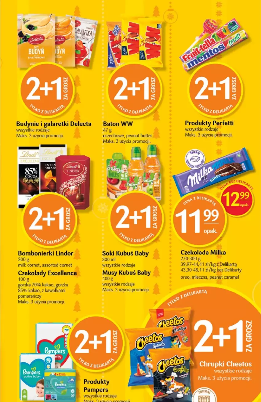 Gazetka promocyjna Delikatesy Centrum - Gazetka DC47 - ważna 01.12 do 07.12.2022 - strona 21 - produkty: Baton, Czekolada, Delecta, Fa, Gala, Galaretki, Kakao, Kawa, Kubuś, LG, Lindor, Milka, Mus, Oreo, Pampers, Sok