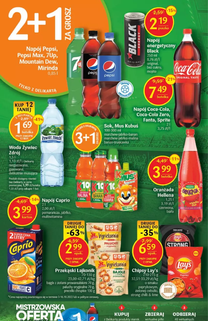 Gazetka promocyjna Delikatesy Centrum - Gazetka DC47 - ważna 01.12 do 07.12.2022 - strona 4 - produkty: 7up, Bajgle, Chrupki, Coca-Cola, Fa, Fanta, Gin, Hellena, Kubuś, Lajkonik, Mirinda, Mus, Napój, Pepsi, Pepsi max, Precelki, Sok, Sprite, Woda