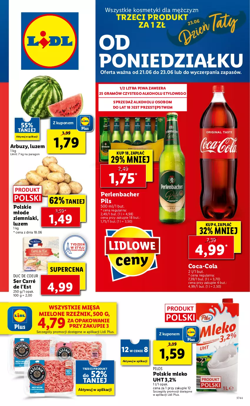 Gazetka promocyjna Lidl - GAZETKA - ważna 21.06 do 23.06.2021 - strona 1 - produkty: Arbuz, Coca-Cola, Gra, Mleko, NBA, Pilos, Piwa, Ser, Ziemniaki