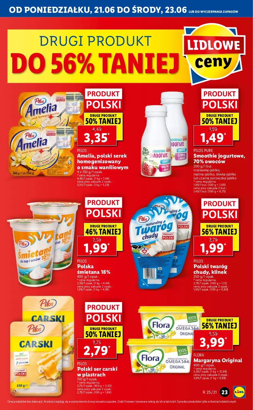 Gazetka promocyjna Lidl - GAZETKA - ważna 21.06 do 23.06.2021 - strona 23 - produkty: Cars, Flora, Gin, Jogurt, Margaryna, Pilos, Por, Pur, Ser, Serek, Serek homogenizowany, Smoothie, Twaróg, Twaróg chudy