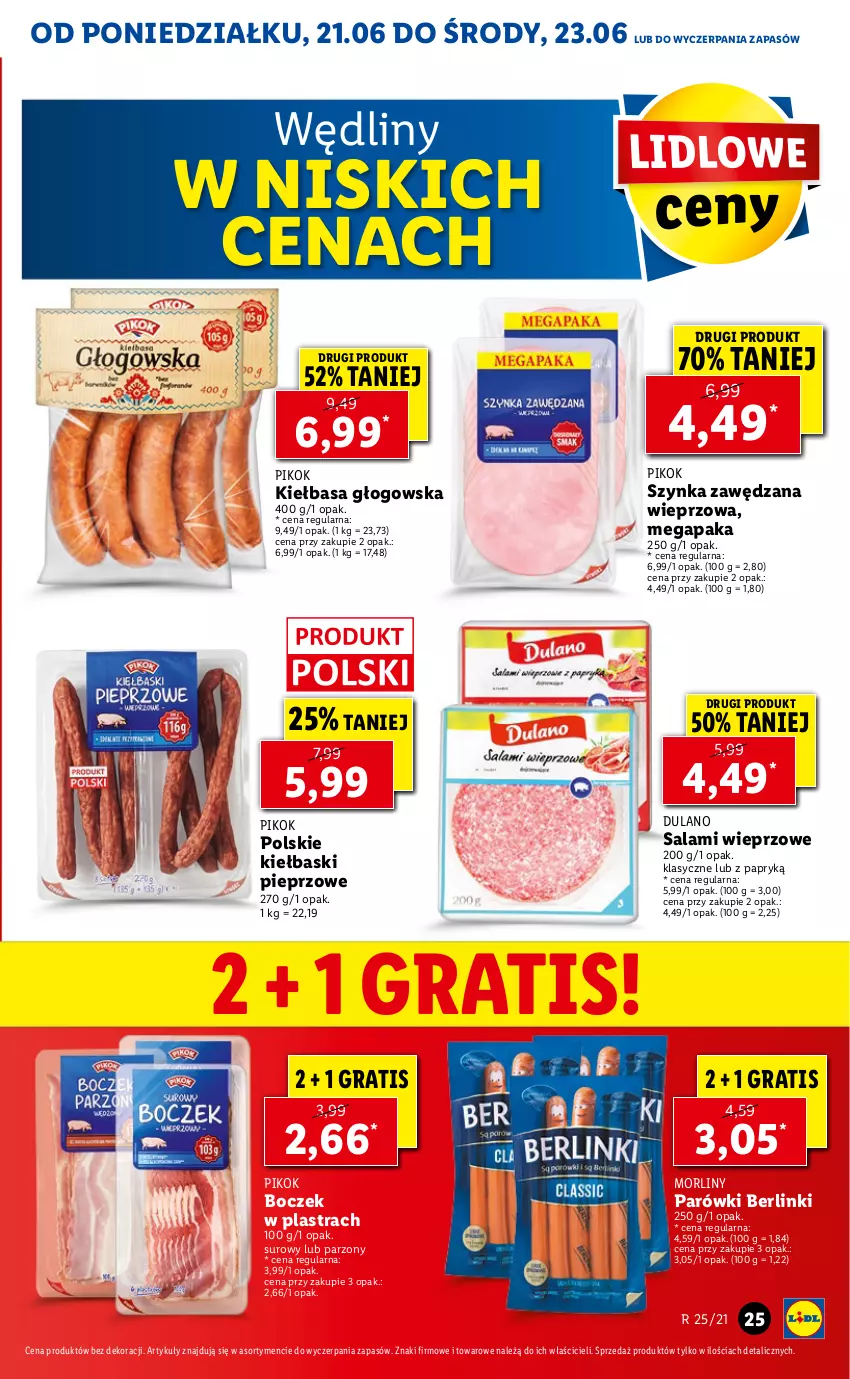 Gazetka promocyjna Lidl - GAZETKA - ważna 21.06 do 23.06.2021 - strona 25 - produkty: Berlinki, Boczek, Dulano, Gra, Kiełbasa, Kiełbasa głogowska, Kiełbaski pieprzowe, Morliny, Parówki, Pieprz, PIKOK, Salami, Szynka