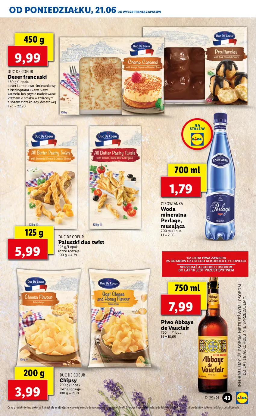 Gazetka promocyjna Lidl - GAZETKA - ważna 21.06 do 23.06.2021 - strona 43 - produkty: Chipsy, Cisowianka, Deser, Kawa, Mus, Piwo, Ser, Sos, Woda, Woda mineralna