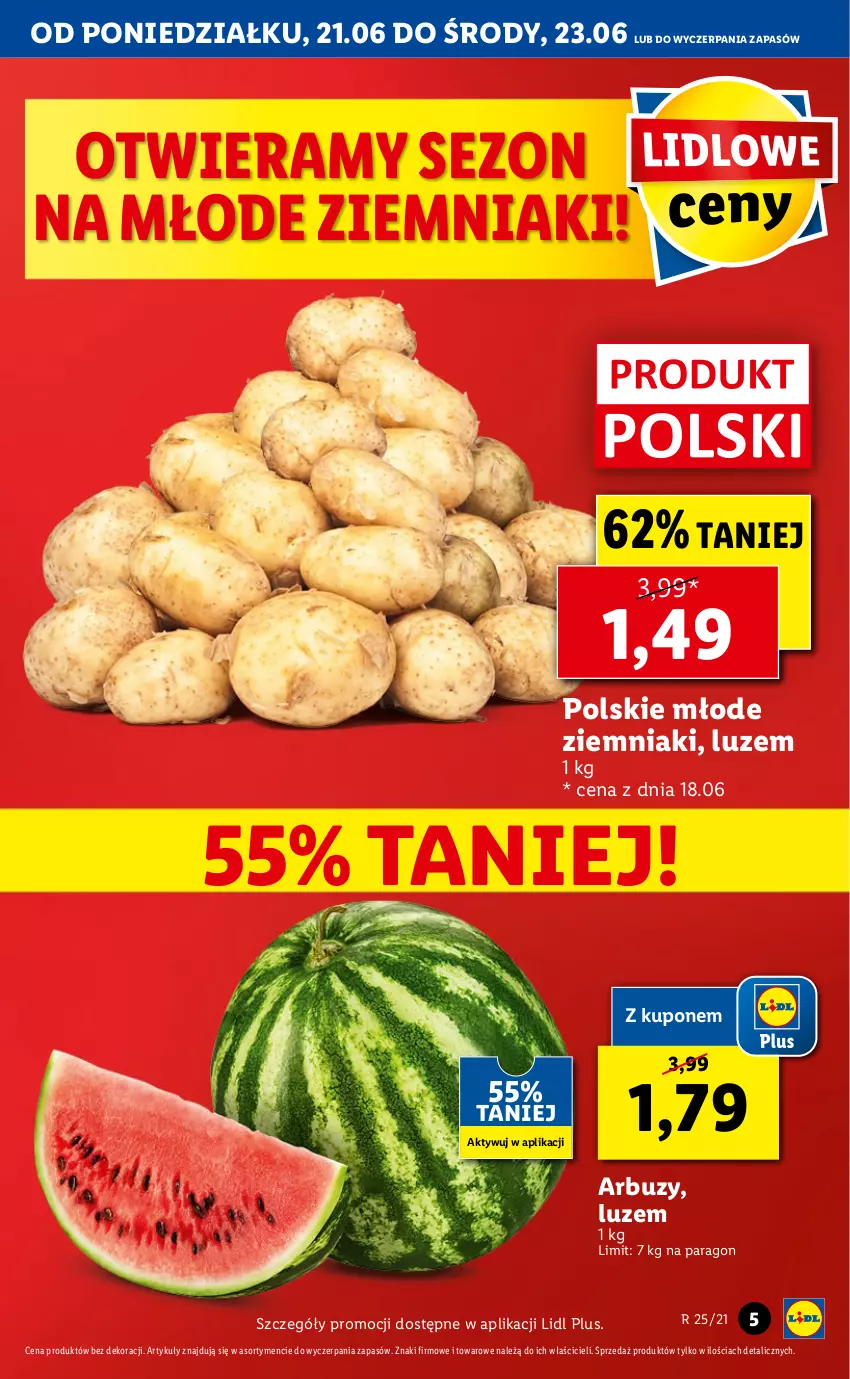 Gazetka promocyjna Lidl - GAZETKA - ważna 21.06 do 23.06.2021 - strona 5 - produkty: Arbuz, Ziemniaki