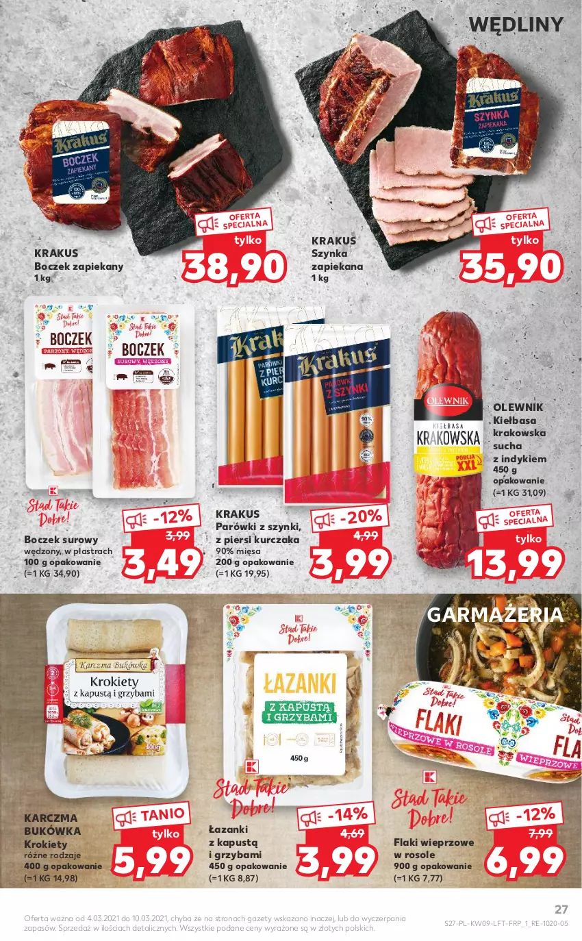 Gazetka promocyjna Kaufland - Oferta tygodnia - ważna 03.03 do 09.03.2021 - strona 27 - produkty: Boczek, Flaki, Kapustą, Kiełbasa, Kiełbasa krakowska, Krakus, Krokiety, Kurczak, Olewnik, Parówki, Parówki z szynki, Szynka