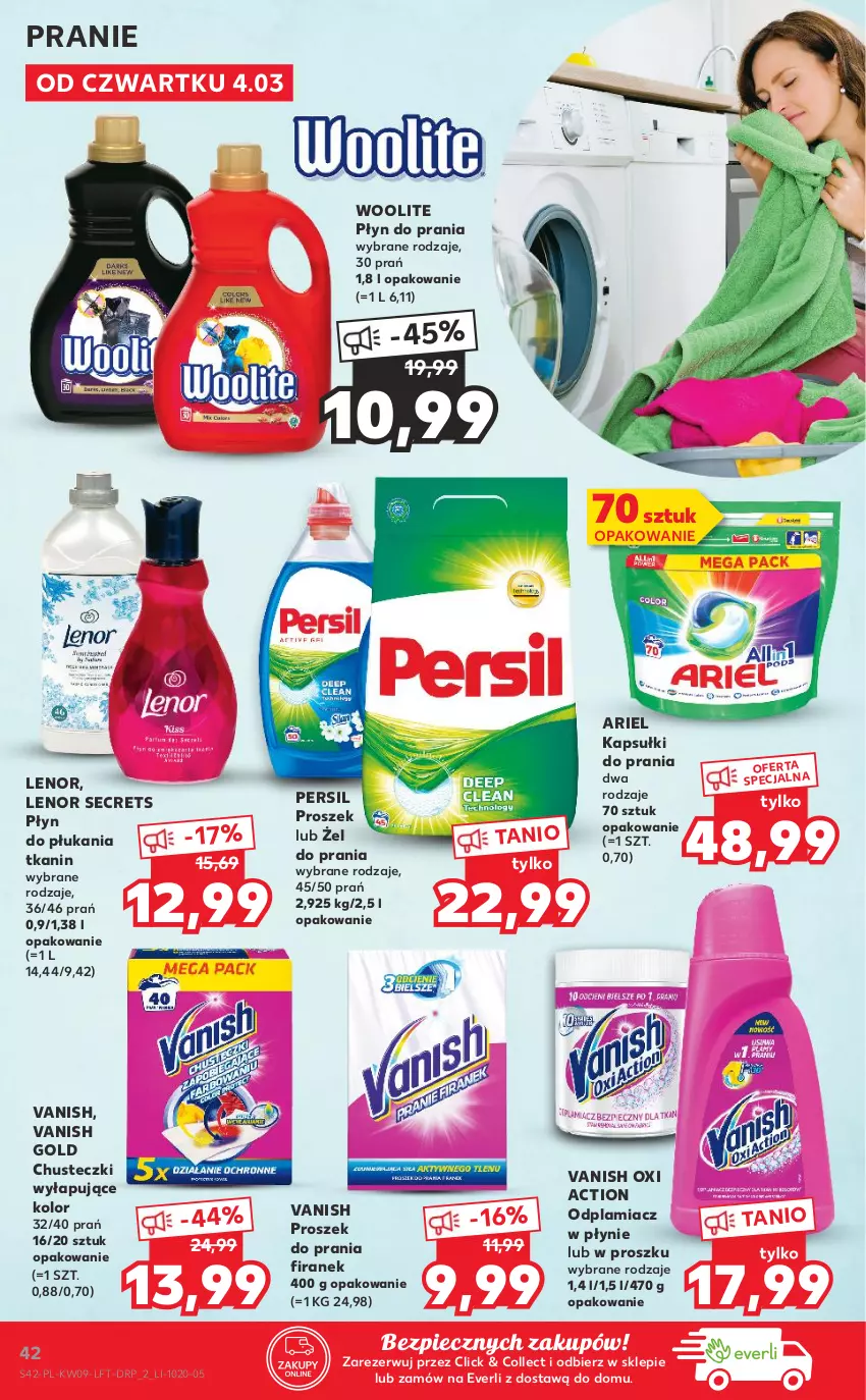 Gazetka promocyjna Kaufland - Oferta tygodnia - ważna 03.03 do 09.03.2021 - strona 42 - produkty: Ariel, Chusteczki, Kapsułki do prania, Lenor, Odplamiacz, Persil, Piec, Płyn do płukania, Płyn do prania, Proszek do prania, Vanish, Vanish Gold, Woolite