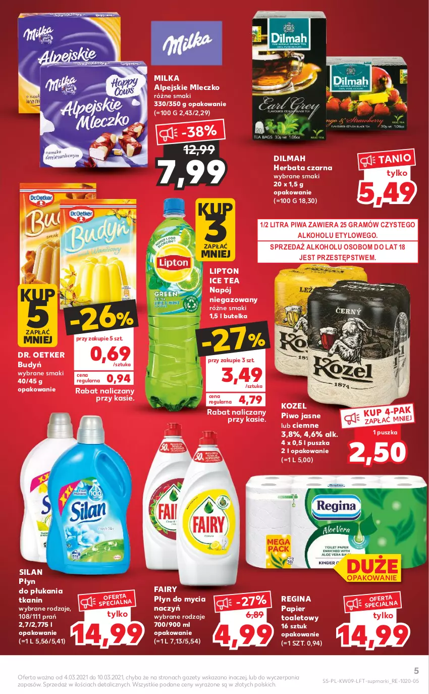 Gazetka promocyjna Kaufland - Oferta tygodnia - ważna 03.03 do 09.03.2021 - strona 5 - produkty: Budyń, Dilmah, Do mycia naczyń, Dr. Oetker, Fa, Fairy, Gin, Gra, Herbata, Herbata czarna, Ice tea, Kozel, Lipton, Milka, Mleczko, Napój, Napój niegazowany, Papier, Papier toaletowy, Piwa, Piwo, Piwo jasne, Płyn do mycia, Płyn do mycia naczyń, Płyn do płukania, Silan