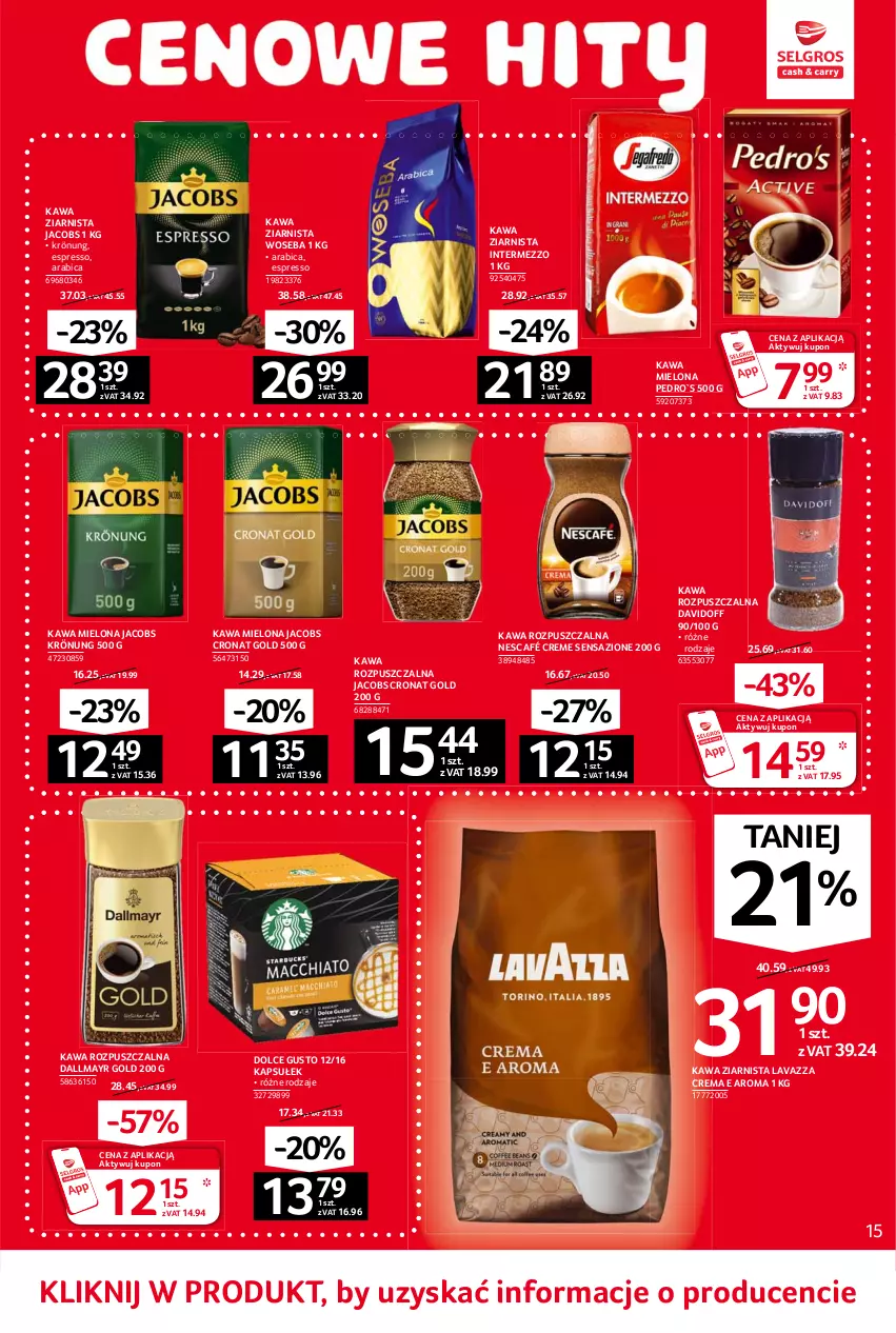 Gazetka promocyjna Selgros - Oferta spożywcza - ważna 10.06 do 23.06.2021 - strona 15 - produkty: BIC, Dallmayr, Davidoff, Dolce Gusto, Jacobs, Jacobs Krönung, Kawa, Kawa mielona, Kawa rozpuszczalna, Kawa ziarnista, Lavazza, Nescafé, Woseba