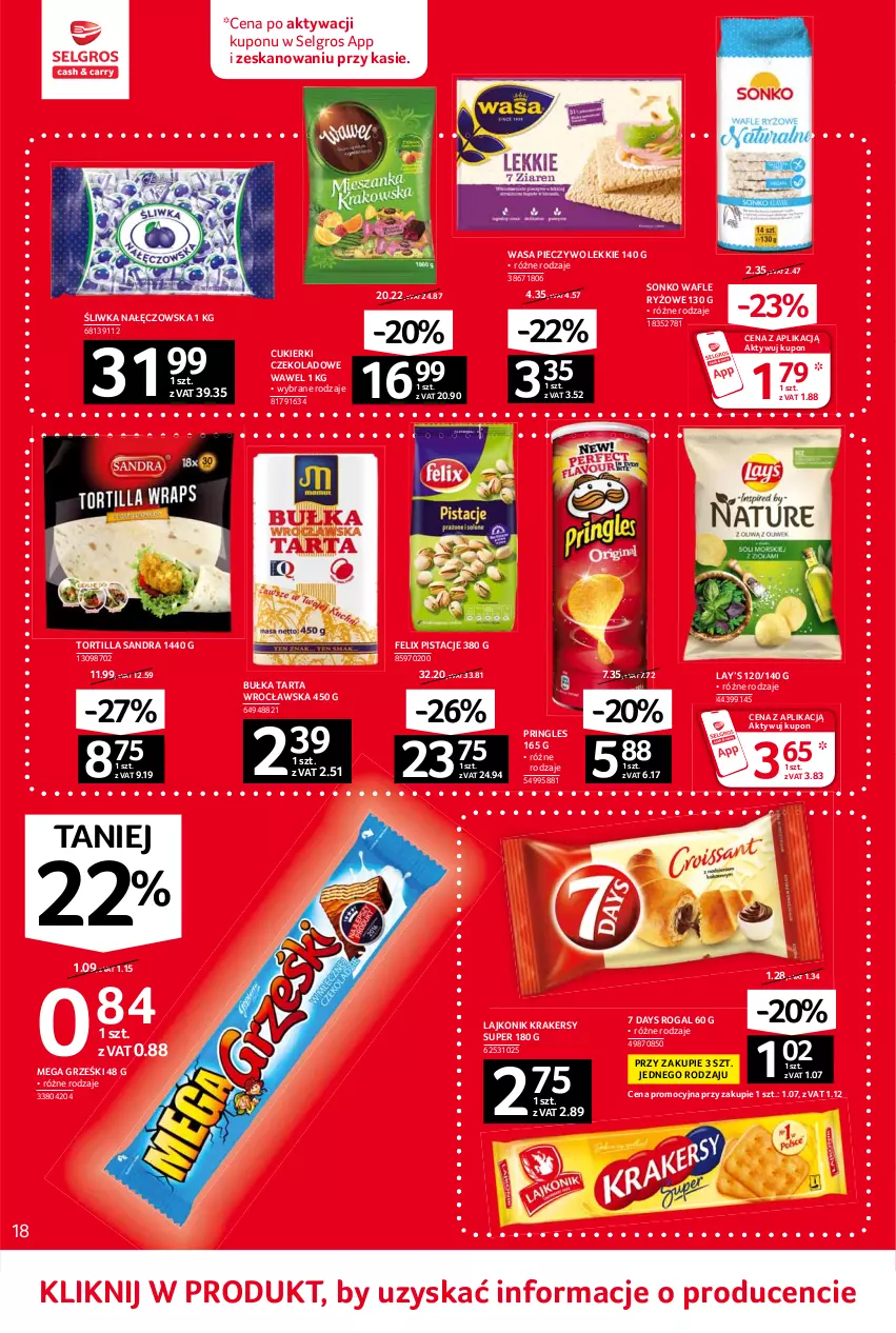 Gazetka promocyjna Selgros - Oferta spożywcza - ważna 10.06 do 23.06.2021 - strona 18 - produkty: 7 Days, Bułka, Bułka tarta, Cukier, Cukierki, Cukierki czekoladowe, Felix, Grześki, Krakersy, Lajkonik, Lay’s, LG, Piec, Pieczywo, Pistacje, Pringles, Rogal, Ryż, Sonko, Tarta, Tortilla, Wafle, Wasa, Wawel