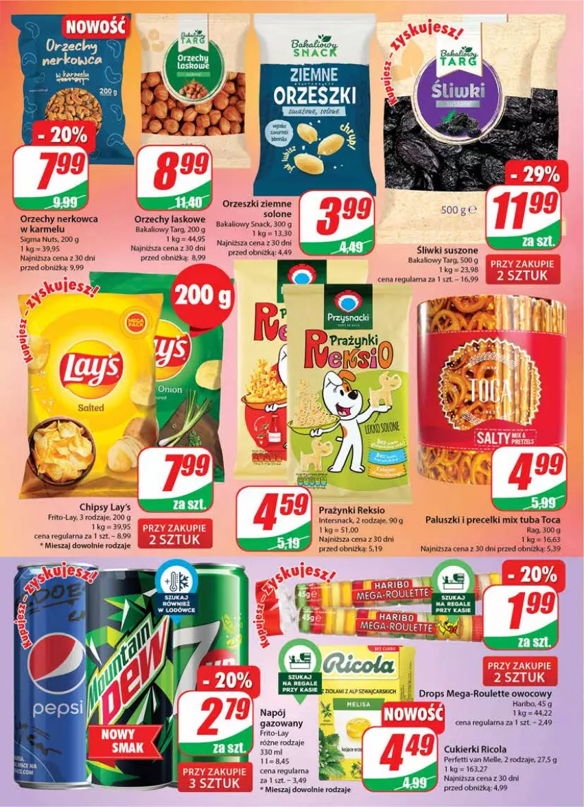 Gazetka promocyjna Dino - Gazetka 40 - ważna 03.10 do 10.10.2023 - strona 16 - produkty: Cars, Chipsy, Cukier, Cukierki, Haribo, Napój, Orzeszki, Orzeszki ziemne, Precelki