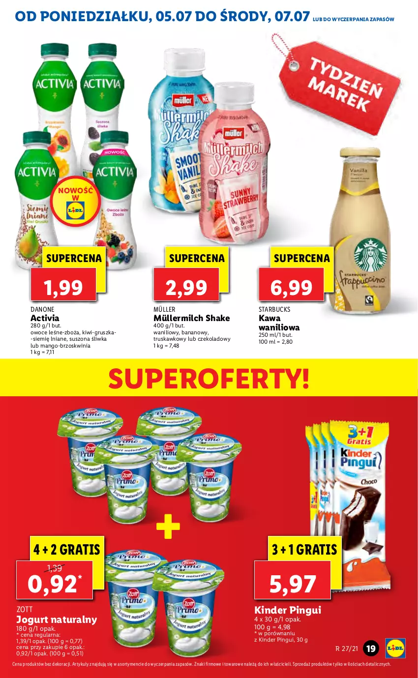 Gazetka promocyjna Lidl - GAZETKA - ważna 05.07 do 07.07.2021 - strona 19 - produkty: Activia, Danone, Gra, Jogurt, Jogurt naturalny, Kawa, Kinder, Kiwi, Mango, Müller, Müllermilch, Owoce, Por, Zott