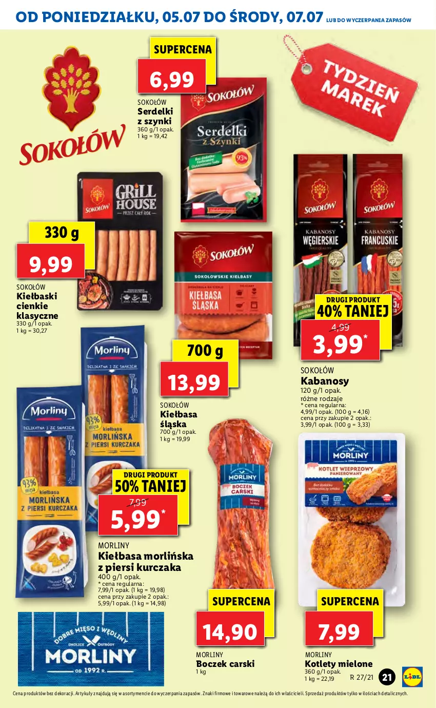 Gazetka promocyjna Lidl - GAZETKA - ważna 05.07 do 07.07.2021 - strona 21 - produkty: Boczek, Cars, Kabanos, Kiełbasa, Kiełbasa śląska, Kotlet, Kurczak, Morliny, Ser, Serdelki, Sok, Sokołów