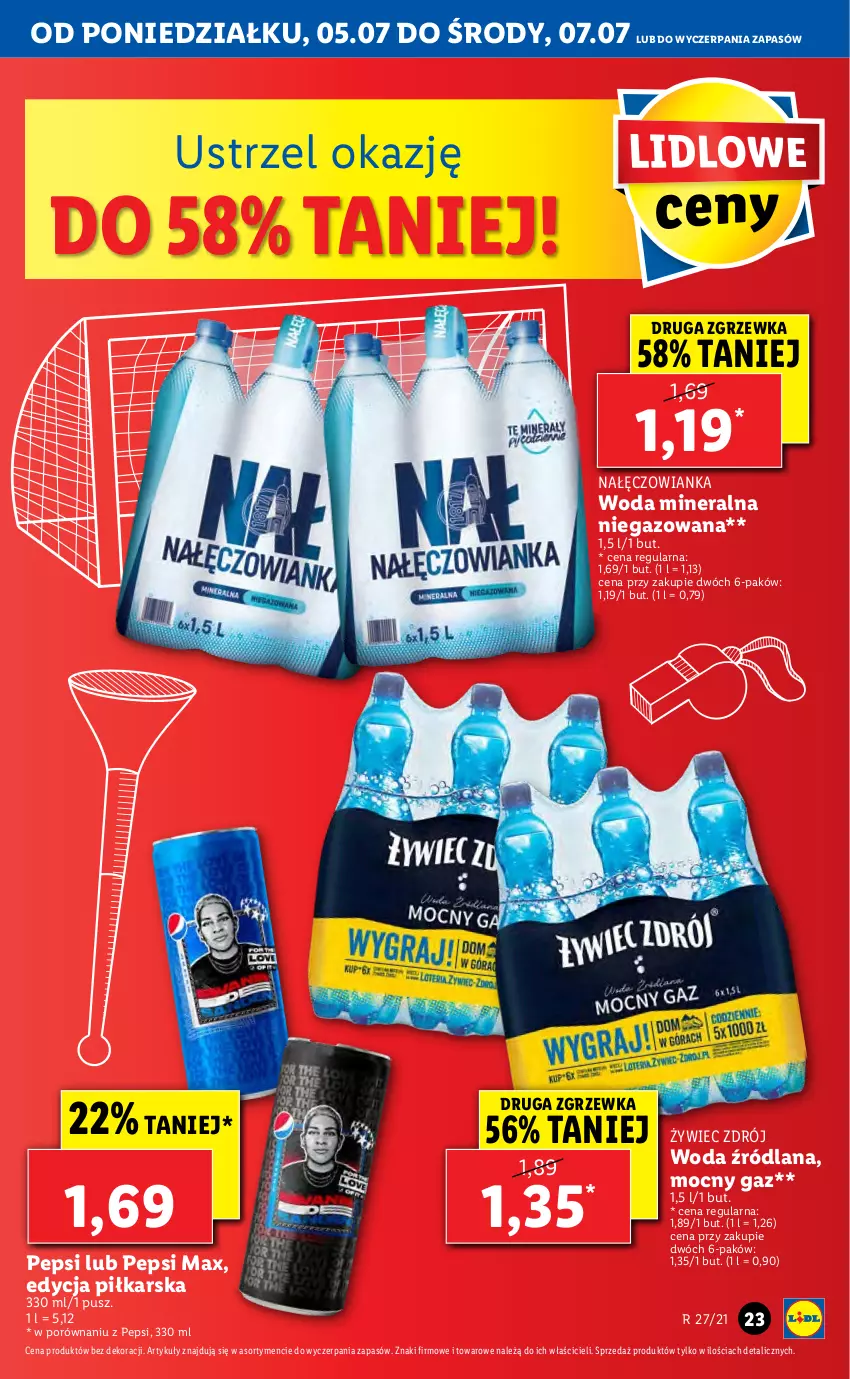 Gazetka promocyjna Lidl - GAZETKA - ważna 05.07 do 07.07.2021 - strona 23 - produkty: LANA, Nałęczowianka, Pepsi, Pepsi max, Por, Woda, Woda mineralna