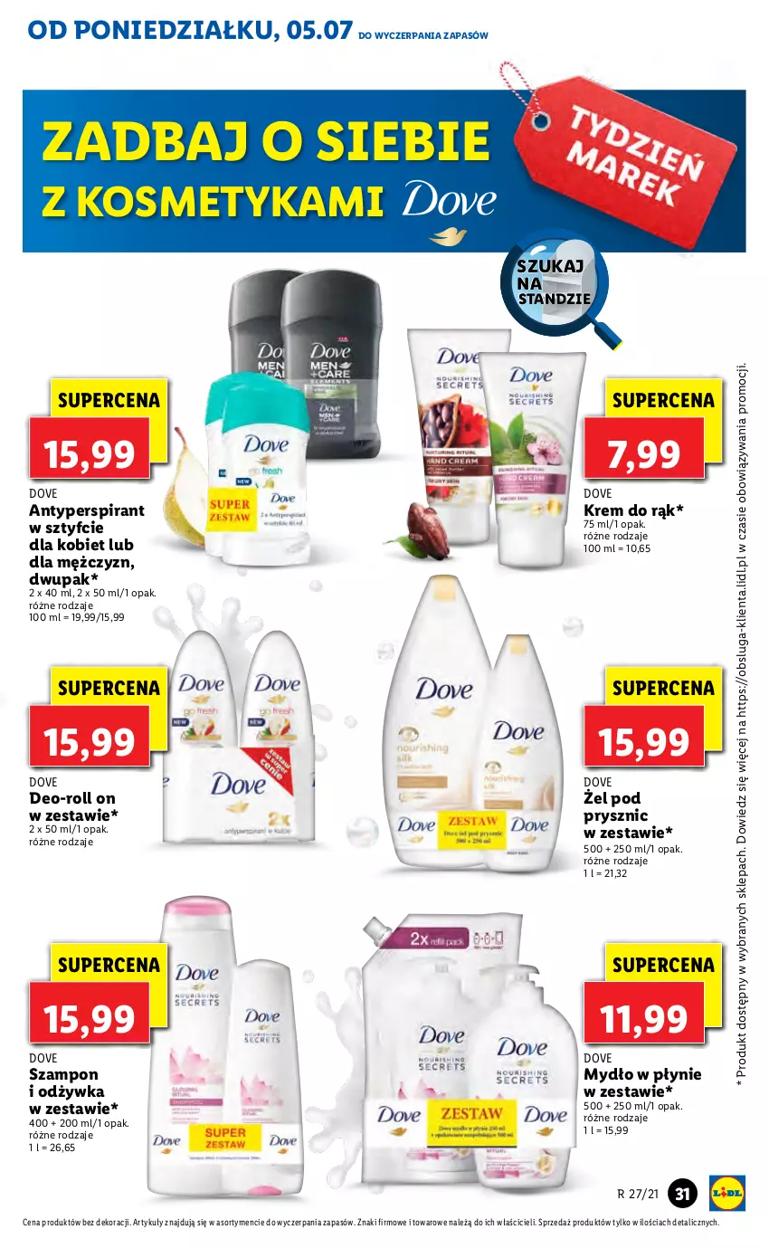 Gazetka promocyjna Lidl - GAZETKA - ważna 05.07 do 07.07.2021 - strona 31 - produkty: Antyperspirant, Dove, Krem do rąk, Mydło, Mydło w płynie, Odżywka, Szampon