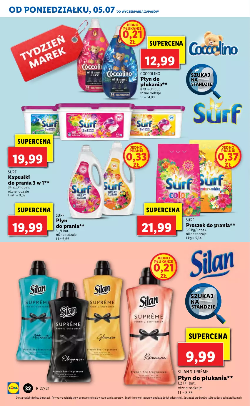 Gazetka promocyjna Lidl - GAZETKA - ważna 05.07 do 07.07.2021 - strona 32 - produkty: Coccolino, Kapsułki do prania, Płyn do płukania, Płyn do prania, Proszek do prania, Silan, Surf