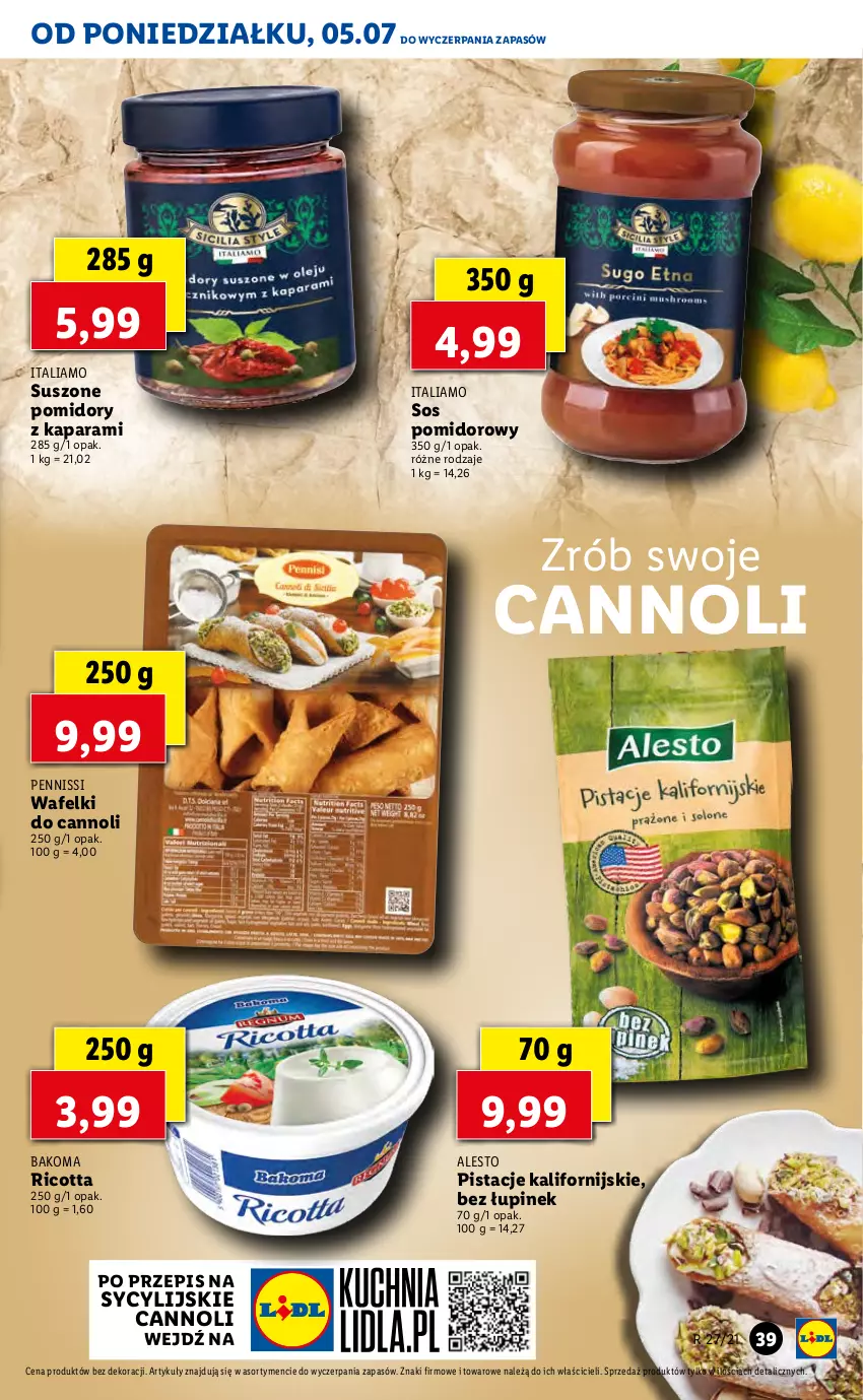 Gazetka promocyjna Lidl - GAZETKA - ważna 05.07 do 07.07.2021 - strona 39 - produkty: Bakoma, Pistacje, Pomidory, Ricotta, Sos, Sos pomidorowy, Suszone pomidory