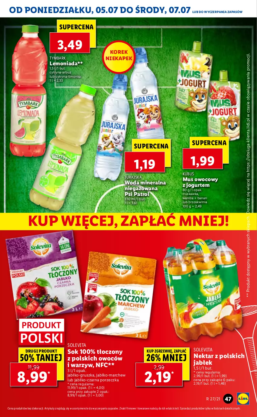 Gazetka promocyjna Lidl - GAZETKA - ważna 05.07 do 07.07.2021 - strona 47 - produkty: Arbuz, Jogurt, Kubuś, Lemoniada, Limonka, Mus, Nektar, Por, Psi Patrol, Sok, Tymbark, Woda, Woda mineralna