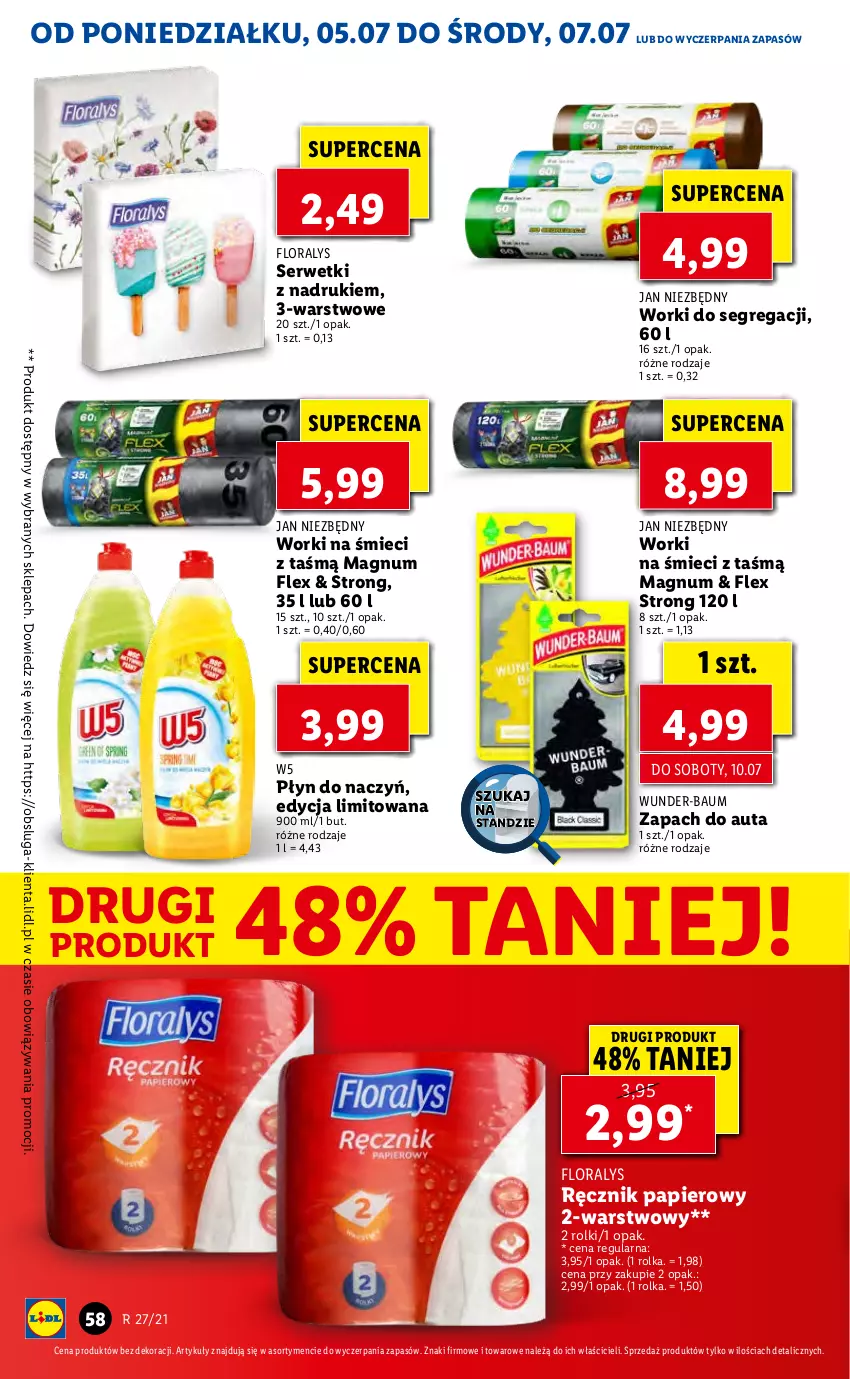 Gazetka promocyjna Lidl - GAZETKA - ważna 05.07 do 07.07.2021 - strona 58 - produkty: Flora, Jan Niezbędny, Papier, Ręcznik, Rolki, Ser, Serwetki, Worki na śmiec, Worki na śmieci