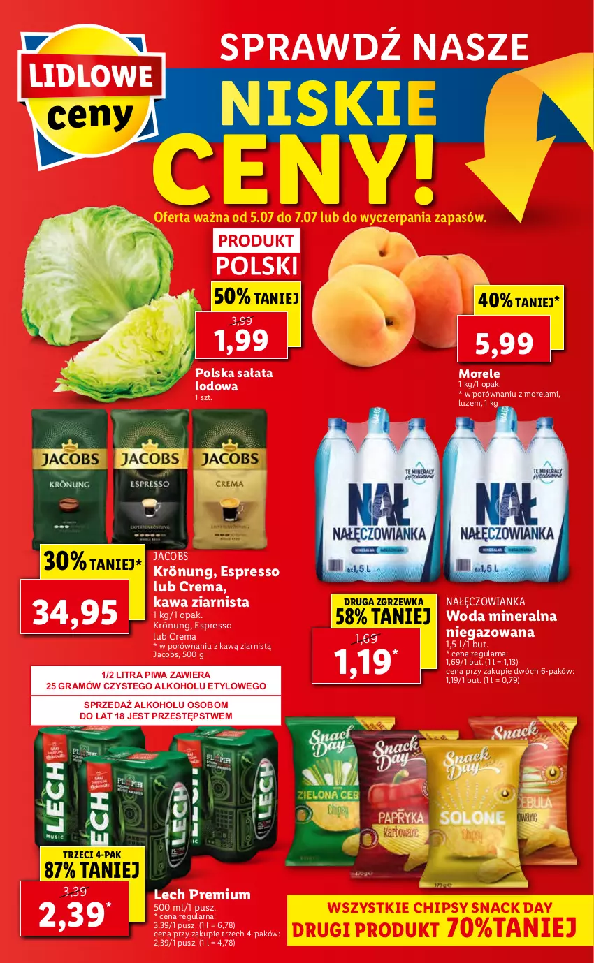 Gazetka promocyjna Lidl - GAZETKA - ważna 05.07 do 07.07.2021 - strona 60 - produkty: Chipsy, Gra, Jacobs, Jacobs Krönung, Kawa, Kawa ziarnista, Lech Premium, Morela, Nałęczowianka, Piwa, Por, Sałat, Sałata lodowa, Wasa, Woda, Woda mineralna