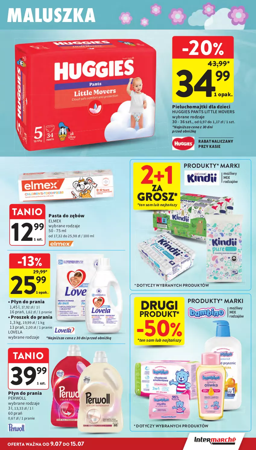 Gazetka promocyjna Intermarche - Gazetka Intermarche - ważna 09.07 do 15.07.2026 - strona 35 - produkty: Dzieci, Elmex, Huggies, Lovela, Majtki, Pasta do zębów, Perwoll, Pieluchomajtki, Płyn do prania, Proszek do prania