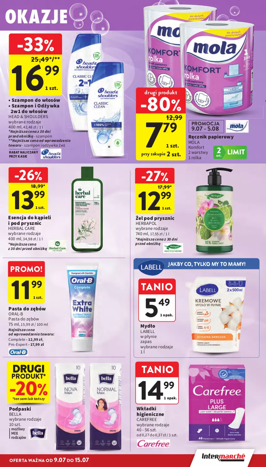 Gazetka promocyjna Intermarche - Gazetka Intermarche - ważna 09.07 do 15.07.2026 - strona 37 - produkty: Bell, Bella, Carefree, Herbapol, Mola, Mydło, Odżywka, Papier, Pasta do zębów, Podpaski, Ręcznik, Szampon, Wkładki