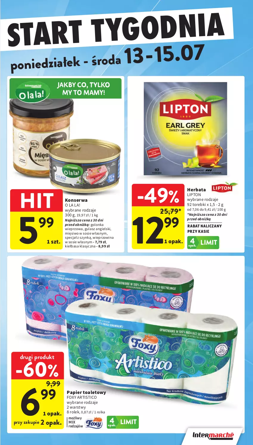 Gazetka promocyjna Intermarche - Gazetka Intermarche - ważna 09.07 do 15.07.2026 - strona 43 - produkty: Foxy, Golonka wieprzowa, Herbata, Kiełbasa, Lipton, Papier, Papier toaletowy, Ser, Sos, Wieprzowina