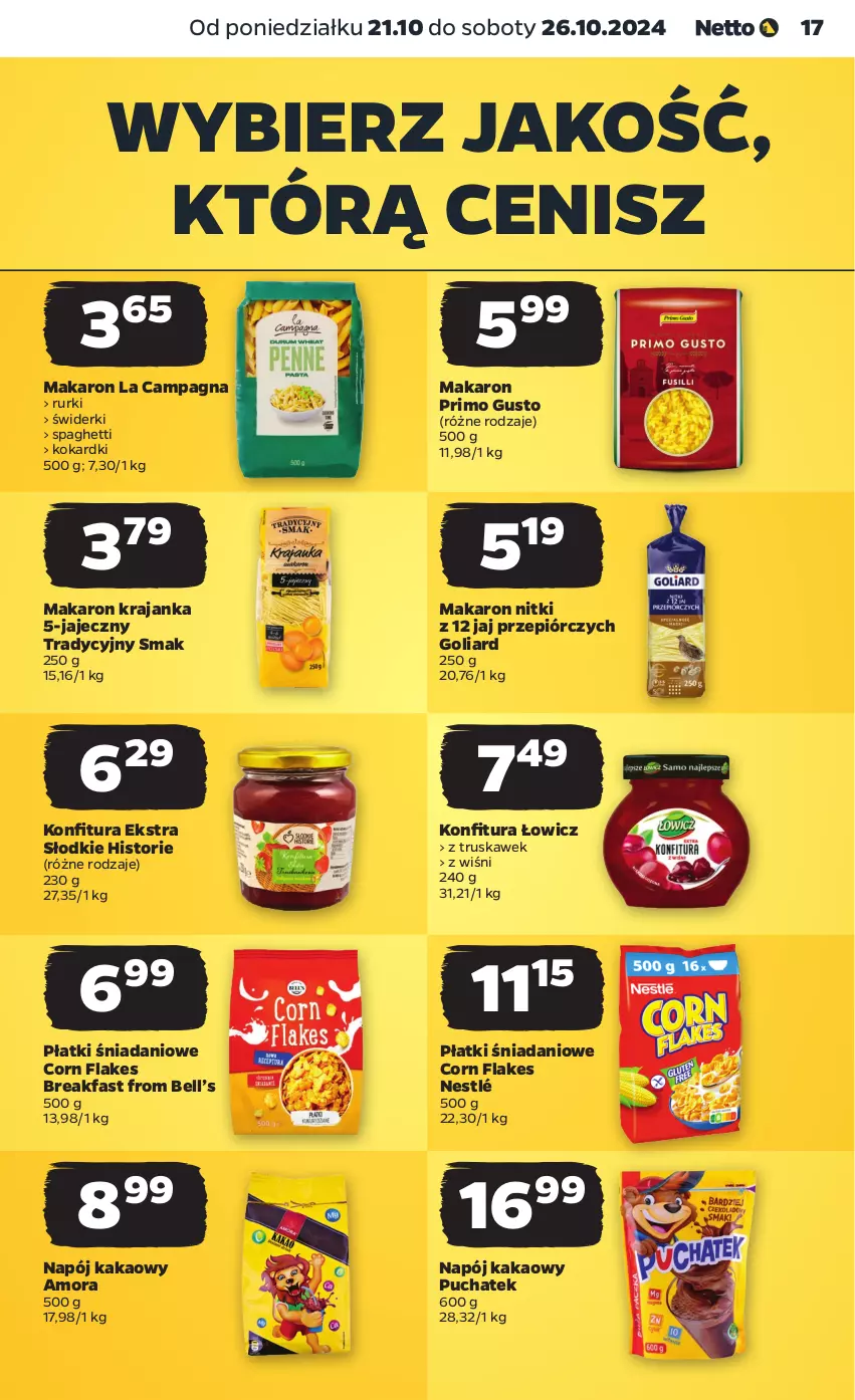 Gazetka promocyjna Netto - Artykuły spożywcze - ważna 21.10 do 26.10.2024 - strona 17 - produkty: Bell, Corn flakes, Danio, Fa, Goliard, Kakao, Makaron, Napój, Nestlé, Rurki, Spaghetti