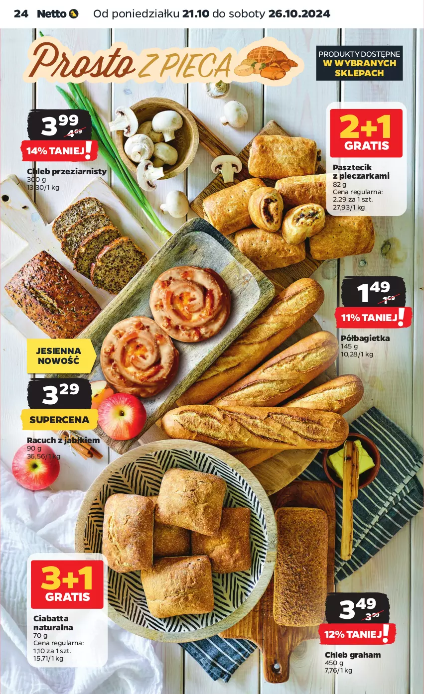 Gazetka promocyjna Netto - Artykuły spożywcze - ważna 21.10 do 26.10.2024 - strona 24 - produkty: Bagietka, Chleb, Ciabatta, Gra, Pasztecik z pieczarkami, Piec, Pieczarka, Półbagietka