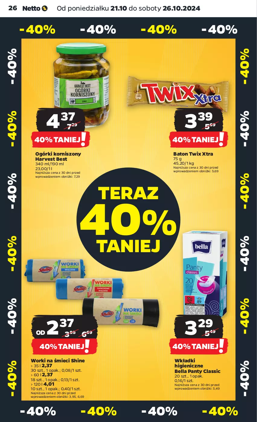 Gazetka promocyjna Netto - Artykuły spożywcze - ważna 21.10 do 26.10.2024 - strona 26 - produkty: Baton, Bell, Bella, Korniszony, Tera, Twix, Wkładki, Worki na śmiec, Worki na śmieci