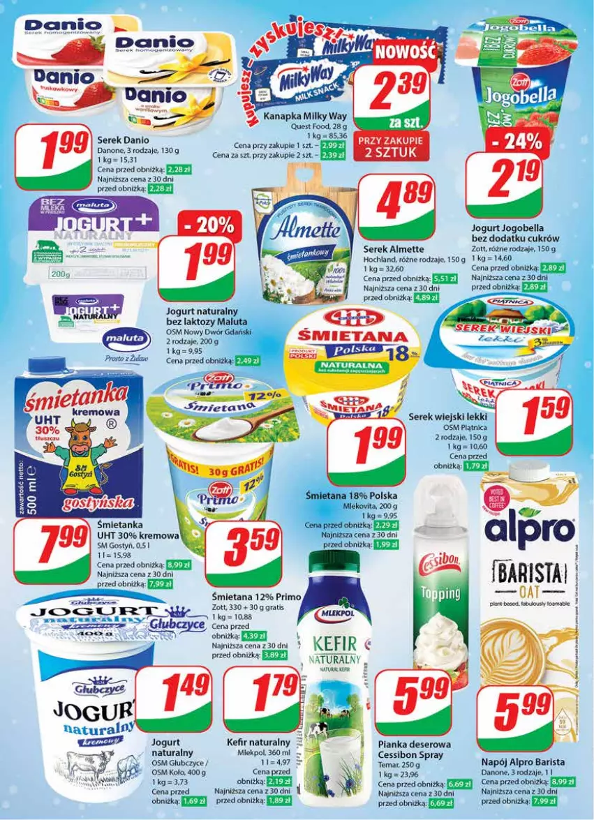 Gazetka promocyjna Dino - Gazetka 1 - ważna 03.01 do 09.01.2024 - strona 14 - produkty: Almette, Alpro, Bell, Bella, Danone, Deser, Gra, Hochland, Jogobella, Jogurt, Jogurt naturalny, Kanapa, Kefir, Kefir naturalny, Milky Way, Napój, Piątnica, Ryż, Ser, Serek, Serek wiejski, Zott