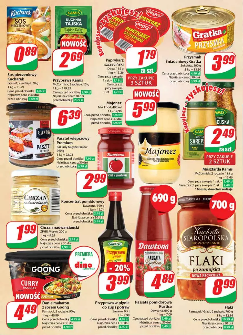 Gazetka promocyjna Dino - Gazetka 1 - ważna 03.01 do 09.01.2024 - strona 8 - produkty: Chrzan, Danio, Dawtona, Dega, Flaki, Gra, Graal, Kamis, Koncentrat pomidorowy, Kucharek, Kuchnia, Majonez, Makaron, Mus, Musztarda, Papryka, Paprykarz, Pasztet, Piec, Prymat, Przyprawa w płynie, Rust, Savarro, Sok, Sokołów, Sos, Sos pieczeniowy, Woda