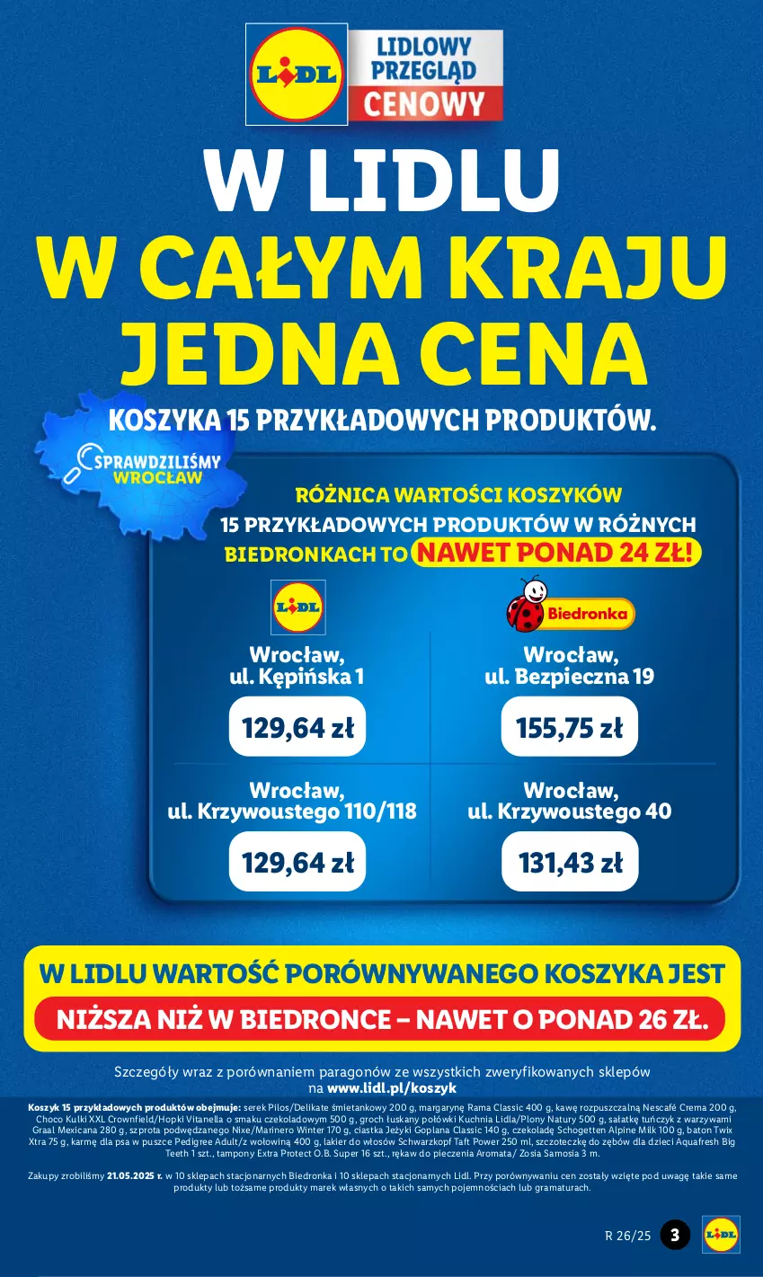 Gazetka promocyjna Lidl - GAZETKA - ważna 23.06 do 29.06.2025 - strona 3 - produkty: Aquafresh, Baton, Ciastka, Dron, Dzieci, Goplana, Gra, Graal, Groch, Jeżyki, Kosz, Kuchnia, Lakier, Lakier do włosów, LANA, Nescafé, O.B., Pedigree, Piec, Pilos, Por, Rama, Rękaw do pieczenia, Sałat, Schogetten, Schwarzkopf, Ser, Serek, Szprot, Taft, Tampony, Tuńczyk, Twix, Warzywa