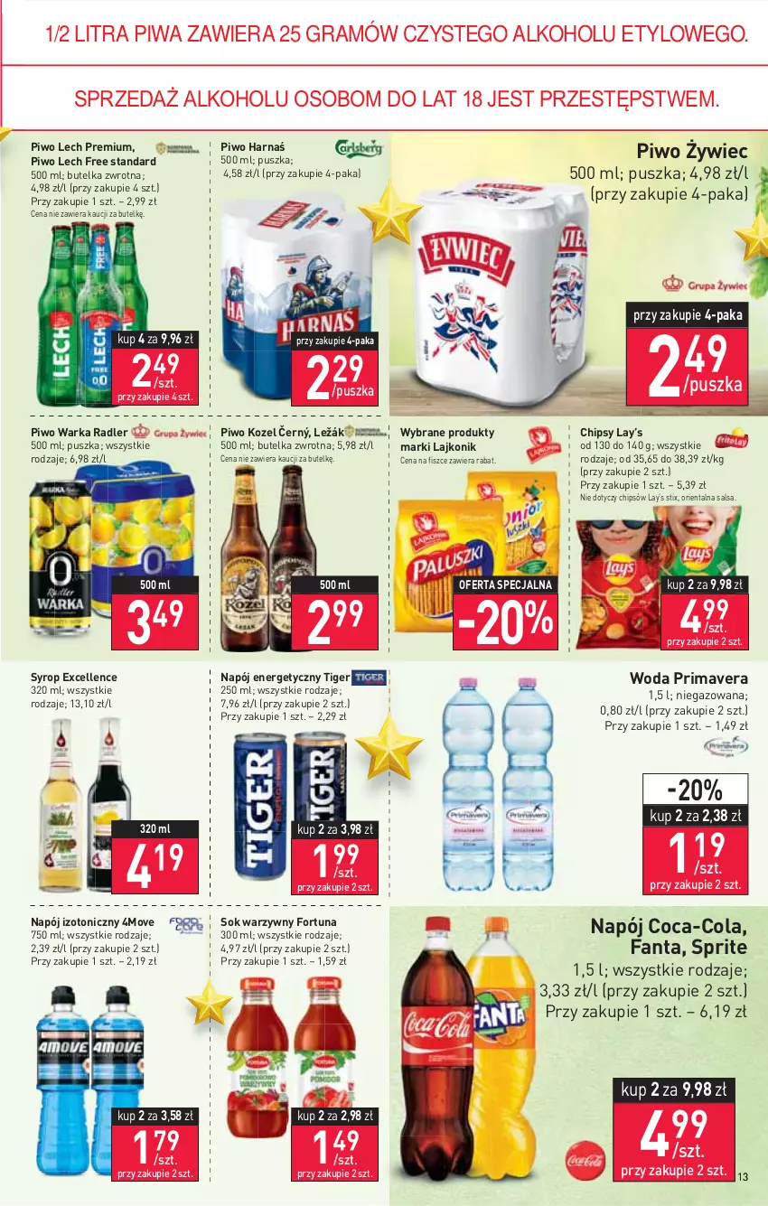 Gazetka promocyjna Stokrotka - Supermarket - ważna 22.12 do 28.12.2021 - strona 13 - produkty: Chipsy, Coca-Cola, Fa, Fanta, Fortuna, Gra, Harnaś, Kozel, Lajkonik, Lay’s, Lech Premium, Napój, Napój energetyczny, Napój izotoniczny, Piwa, Piwo, Prima, Primavera, Radler, Salsa, Sok, Sprite, Syrop, Tiger, Warka, Woda