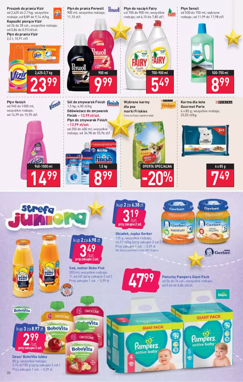 Gazetka promocyjna Stokrotka - Supermarket - ważna 22.12 do 28.12.2021 - strona 20 - produkty: BoboVita, Deser, Fa, Fairy, Finish, Friskies, Gerber, Nektar, Pampers, Perwoll, Pieluchy, Płyn do prania, Proszek do prania, Ser, Sok, Sól, Vanish, Vizir