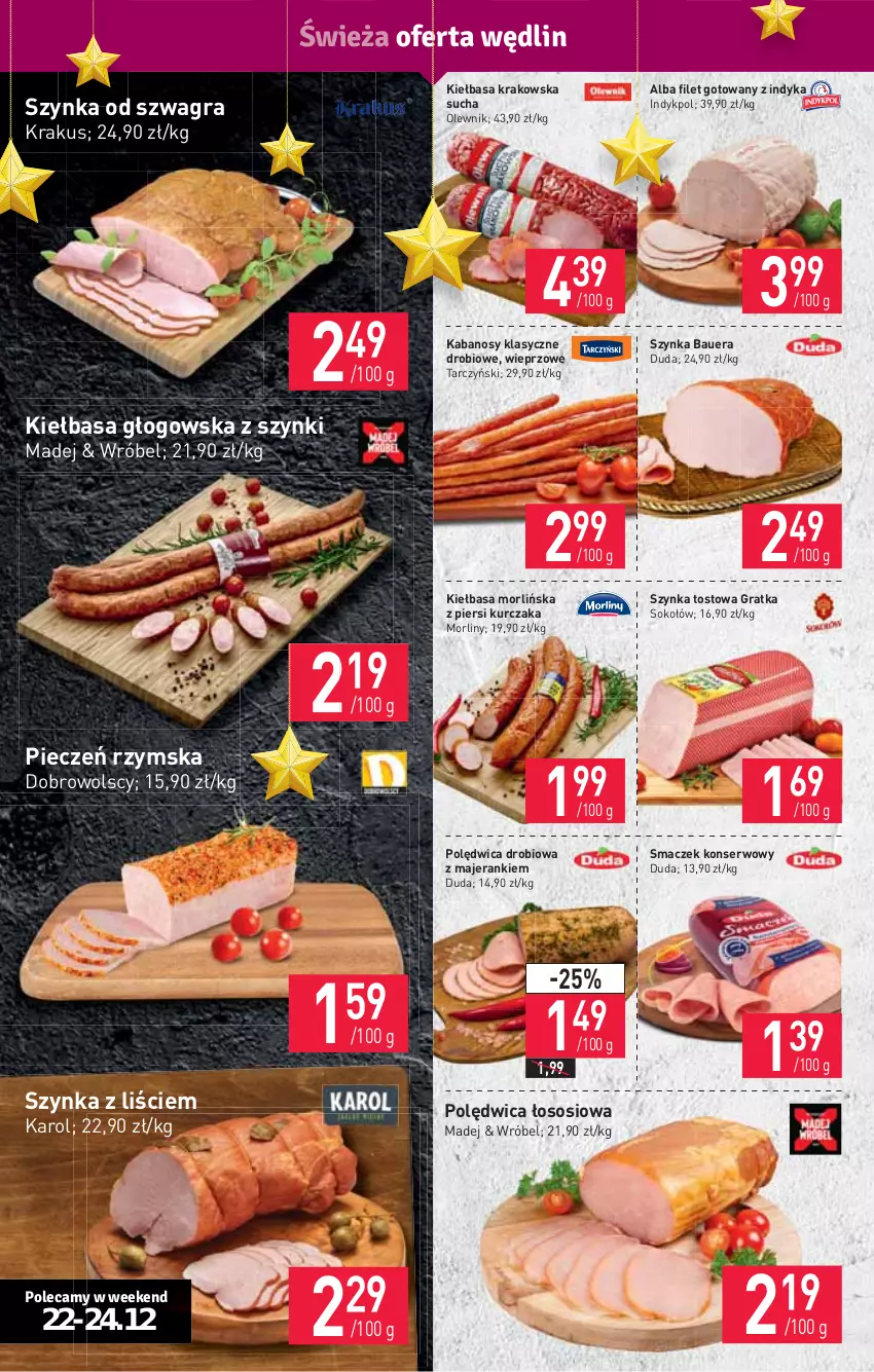 Gazetka promocyjna Stokrotka - Supermarket - ważna 22.12 do 28.12.2021 - strona 4 - produkty: Duda, Gra, HP, Kabanos, Kiełbasa, Kiełbasa głogowska, Kiełbasa krakowska, Krakus, Kurczak, Morliny, Olewnik, Piec, Pieczeń rzymska, Polędwica, Ser, Sok, Sokołów, Sos, Szynka, Tarczyński