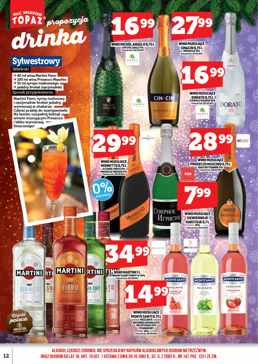 Gazetka promocyjna Topaz - Gazetka - ważna 15.12 do 31.12.2025 - strona 14 - produkty: Martini, Melon, Monte, Monte Santi, Mus, Prosecco, Syrop, Wino, Wino musujące