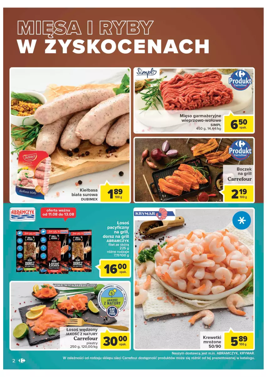 Gazetka promocyjna Carrefour - Gazetka Targ świeżości - ważna 09.08 do 13.08.2022 - strona 2 - produkty: Dorsz, Fa, Grill, Kiełbasa, Koc, Krewetki, Mięso, Mięso garmażeryjne