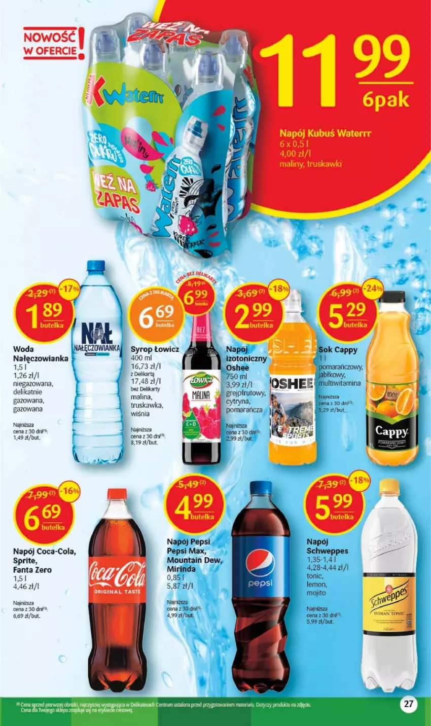 Gazetka promocyjna Delikatesy Centrum - Gazetka DC21 - ważna 01.06 do 06.06.2023 - strona 27 - produkty: Cappy, Coca-Cola, Fa, Fanta, Gin, Kubuś, Kubuś Waterrr, Maliny, Mirinda, Nałęczowianka, Napój, Oshee, Pepsi, Pepsi max, Schweppes, Sok, Sprite, Syrop, Truskawki, Woda