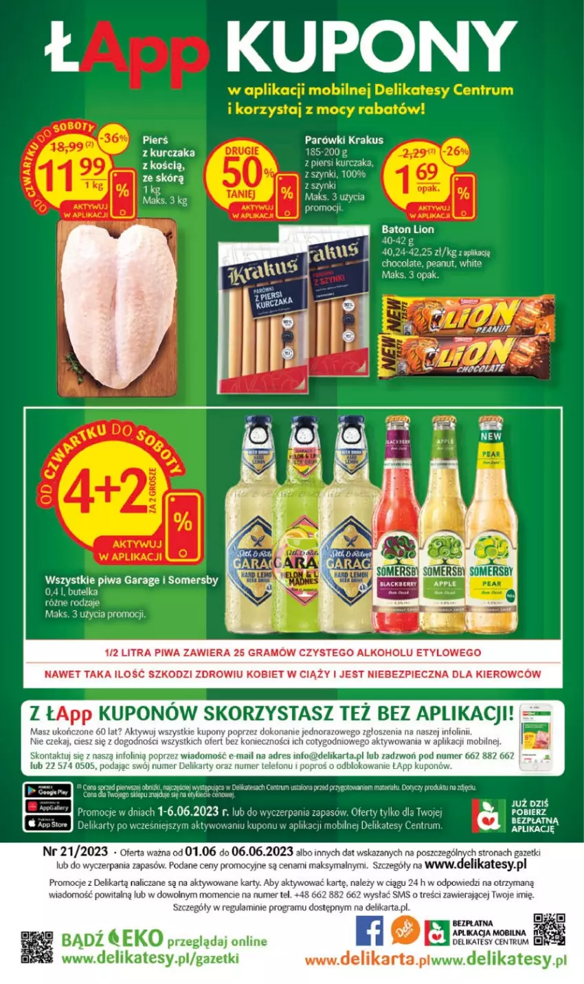 Gazetka promocyjna Delikatesy Centrum - Gazetka DC21 - ważna 01.06 do 06.06.2023 - strona 32 - produkty: Baton, Dres, Gra, Krakus, Kurczak, Lion, Mobil, Parówki, Piec, Piwa, Rum, Somersby, Telefon