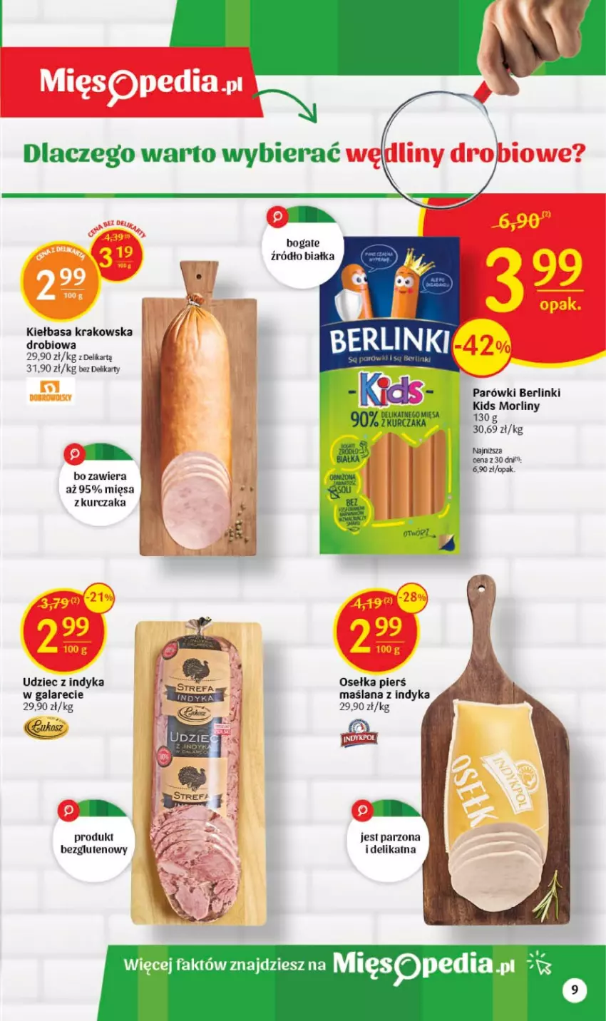 Gazetka promocyjna Delikatesy Centrum - Gazetka DC21 - ważna 01.06 do 06.06.2023 - strona 9 - produkty: Berlinki, Fa, Gala, Kiełbasa, Kiełbasa krakowska, Kurczak, LANA, Morliny, Parówki, Udziec z indyka, Udziec z indyka w galarecie