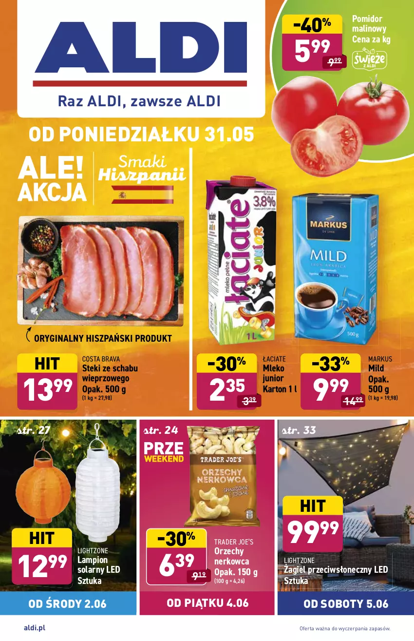 Gazetka promocyjna Aldi - ważna 31.05 do 05.06.2021 - strona 1 - produkty: Gin, Lampion, Mleko, Pomidor malinowy, Stek