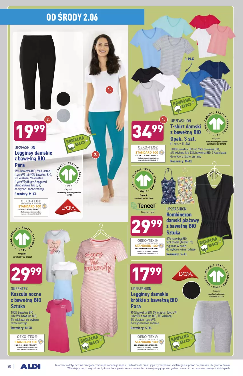 Gazetka promocyjna Aldi - ważna 31.05 do 05.06.2021 - strona 30 - produkty: Fa, Gin, Kombinezon, Kosz, Koszula, Koszula nocna, Legginsy, Moda, Queentex, T-shirt, Wełna