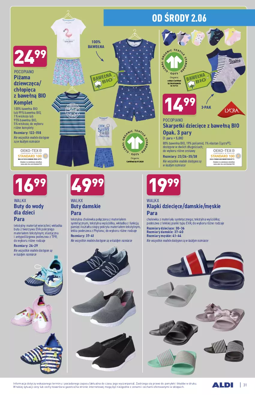 Gazetka promocyjna Aldi - ważna 31.05 do 05.06.2021 - strona 31 - produkty: Buty, Buty do wody, Dzieci, Karp, Klapki, Piżama, Pocopiano, Skarpetki, Top, Wełna