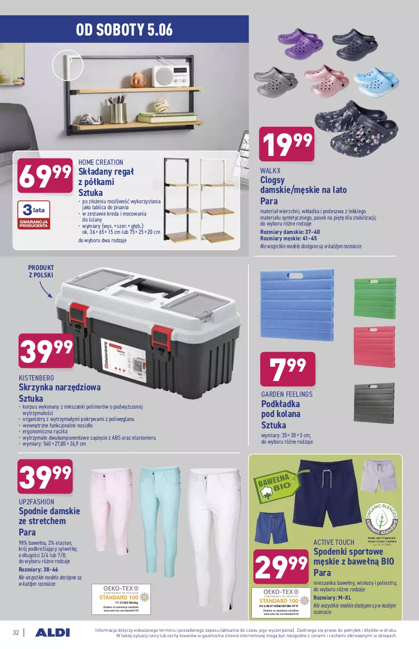 Gazetka promocyjna Aldi - ważna 31.05 do 05.06.2021 - strona 32 - produkty: Clogsy, Fa, LANA, Organizer, Pasek, Podkład, Podkładka, Pokrywa, Półka, Por, Regał, Skrzynka narzędziowa, Spodnie, Sport, Wełna