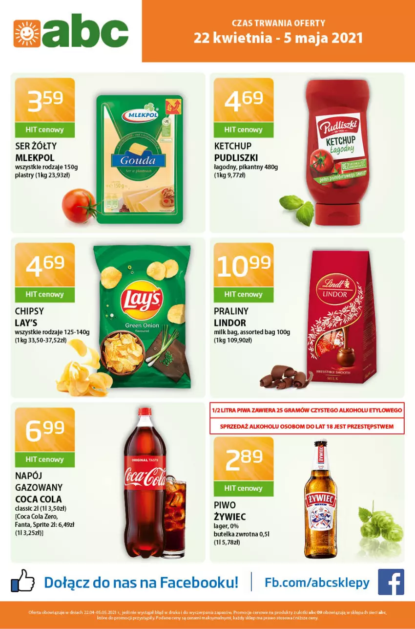 Gazetka promocyjna ABC - Gazetka - ważna 22.04 do 06.05.2021 - strona 1 - produkty: Chipsy, Fa, Fanta, Ketchup, Lindor, Napój, O nas, Piwo, Praliny, Pudliszki, Ser, Sprite