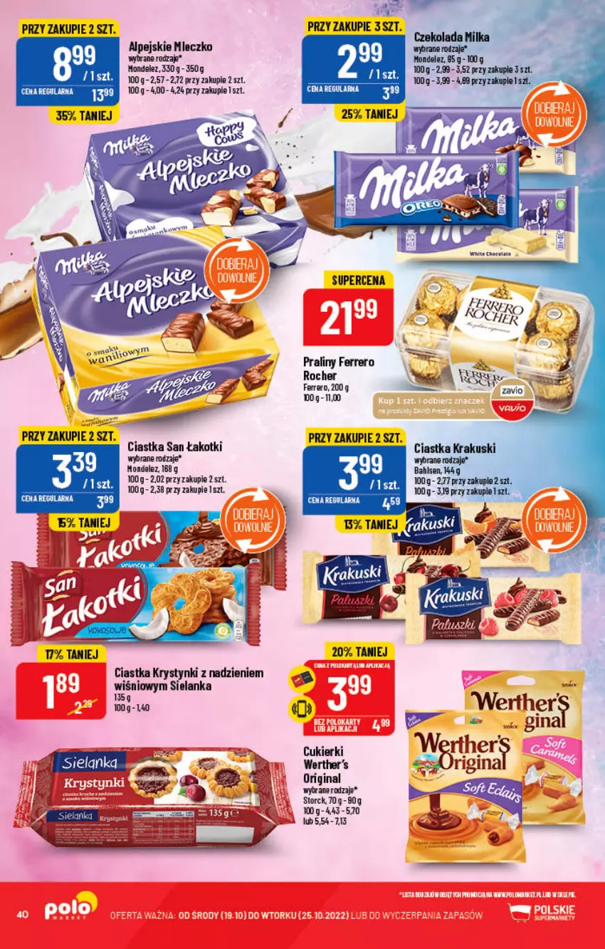 Gazetka promocyjna PoloMarket - Gazetka pomocyjna - ważna 19.10 do 25.10.2022 - strona 40 - produkty: Ciastka, Cukier, Cukierki, Ferrero, Gin, HP, Mleczko, Praliny